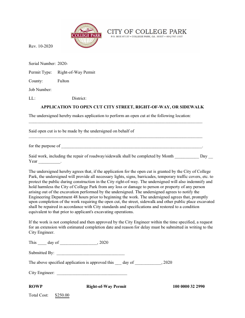 First page of the Right-of-Way Permit Application