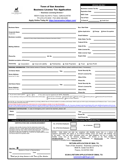 First page of the Business License Tax Application