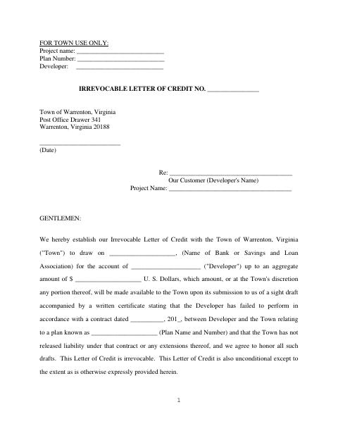 First page of the Irrevocable Letter of Credit