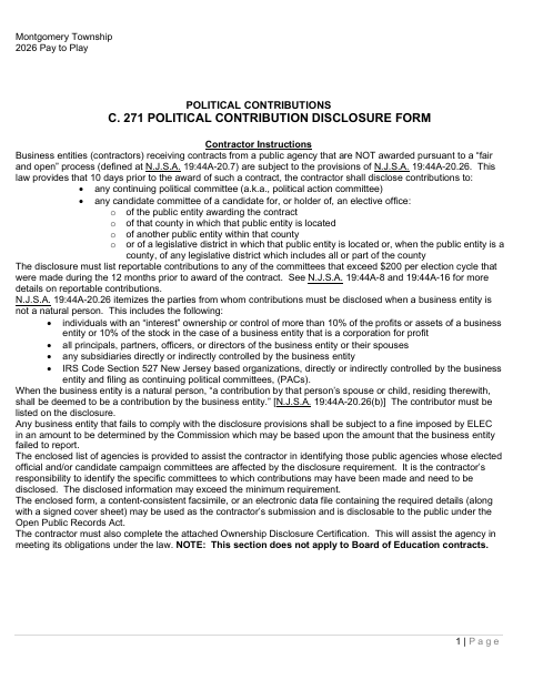 First page of the Pay-to-Play Political Contribution and Ownership Disclosure Forms