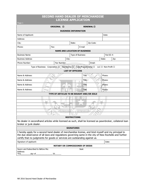 First page of the Second Hand Dealer of Merchandise License Application