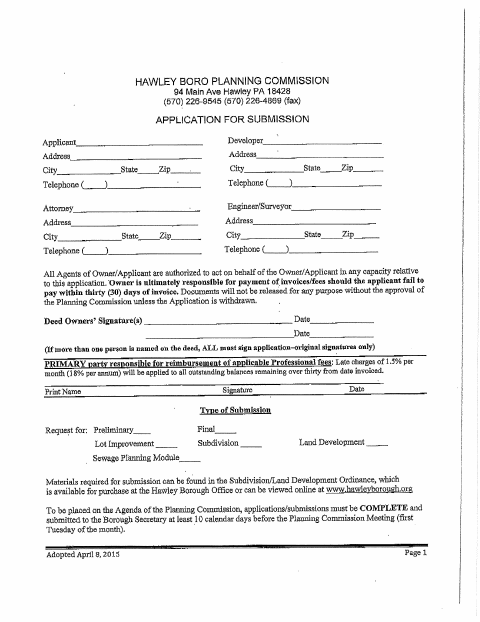 First page of the Planning Commission Submission Application and Fee Schedule