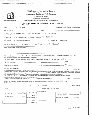 First page of the Water Connection Permit