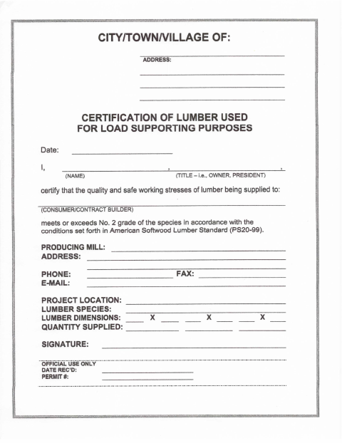 First page of the Certification of Lumber Used for Load Supporting Purposes