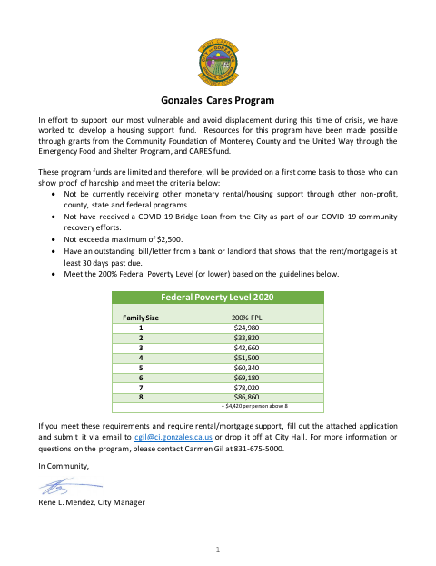 First page of the Gonzales Cares Program Application