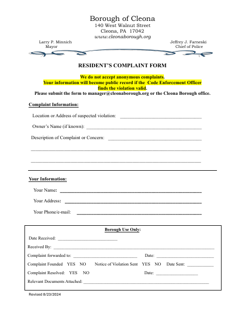 First page of the Resident’s Complaint Form