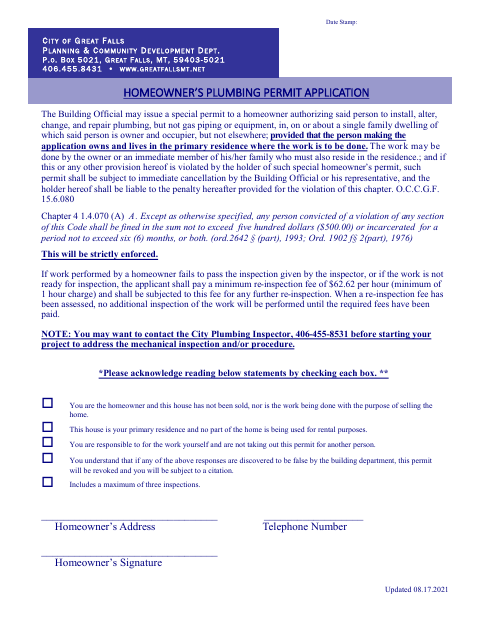 First page of the Homeowner's Plumbing Permit Application