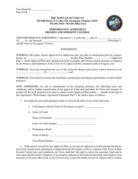 First page of the Erosion And Sediment Control Performance Agreement
