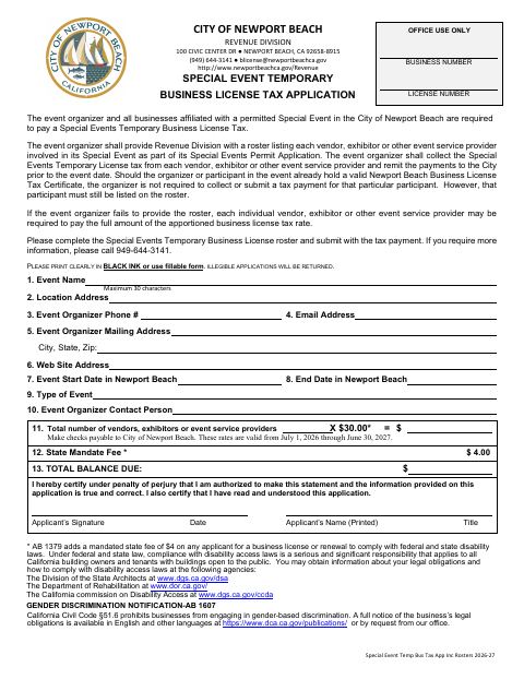 First page of the Special Events Temporary Business License Roster