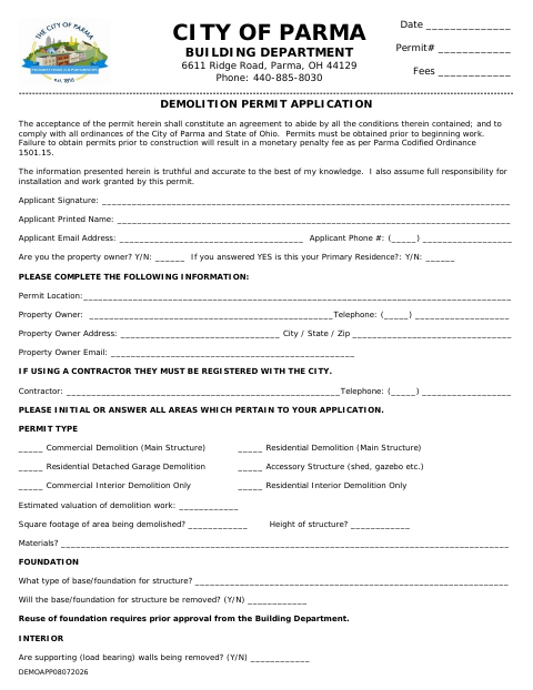 First page of the Demolition Permit Application