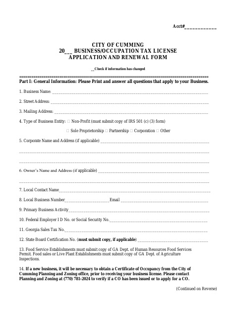 First page of the Business/Occupation Tax License Application and Renewal Form