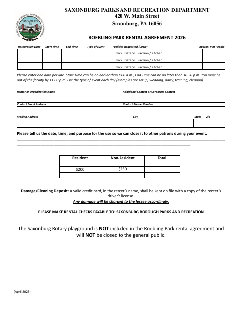 First page of the Roebling Park Rental Agreement