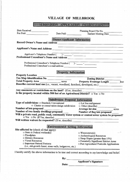 First page of the Subdivision Application