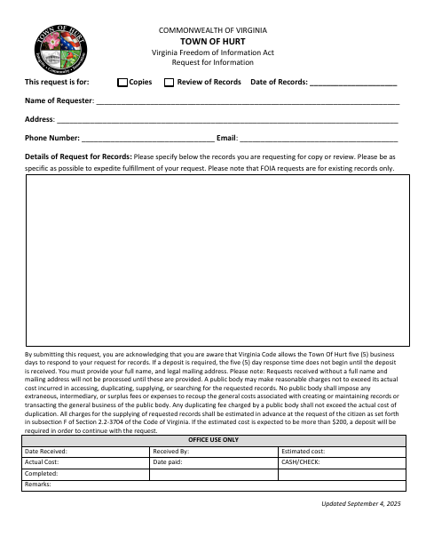 First page of the Virginia Freedom of Information Act Request for Information