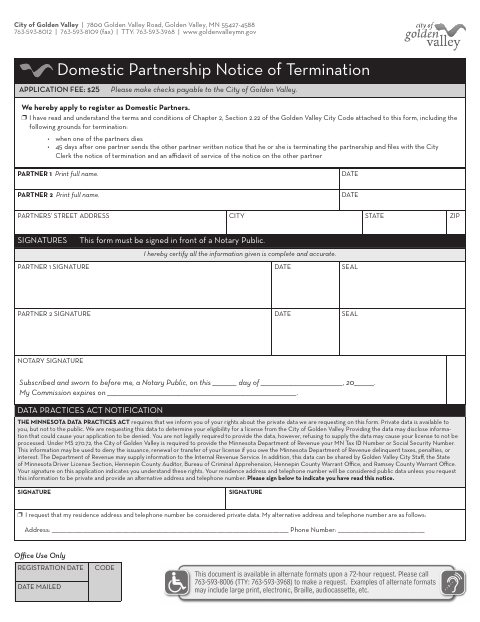 First page of the Domestic Partnership Notice of Termination