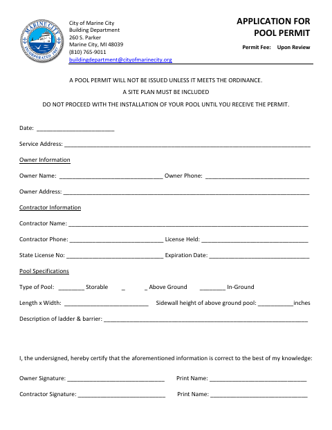 First page of the Application for Pool Permit