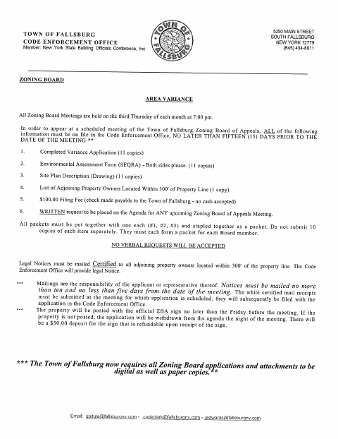 First page of the Application For An Area Variance