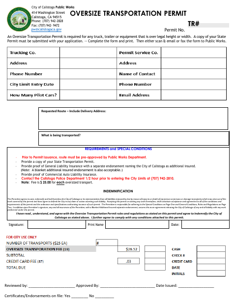 First page of the Oversize Transportation Permit