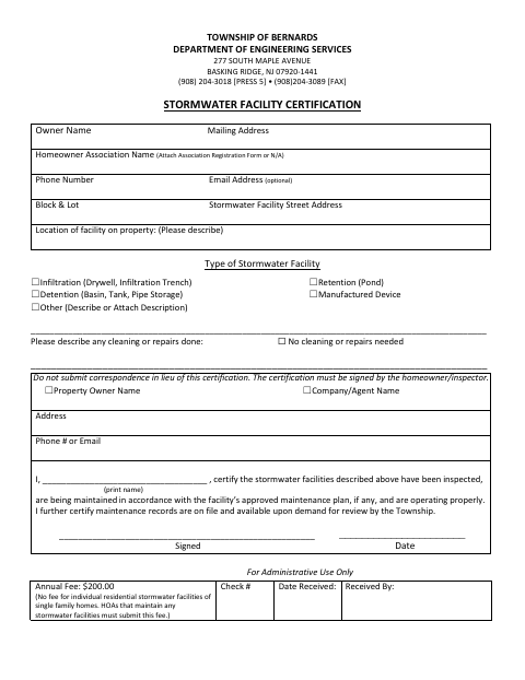 First page of the Stormwater Facility Certification
