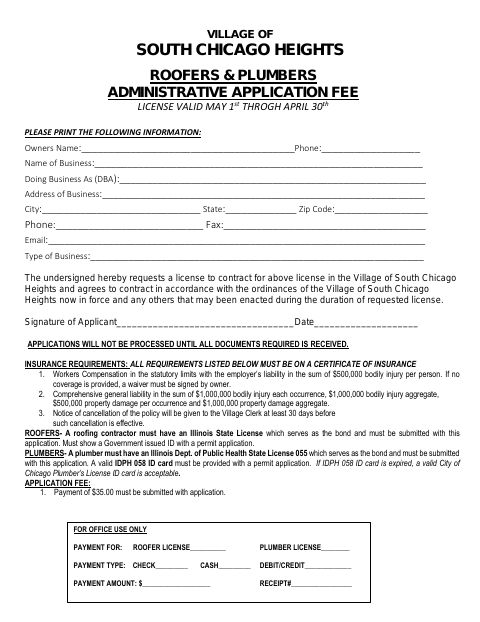 First page of the Roofers & Plumbers Administrative Application