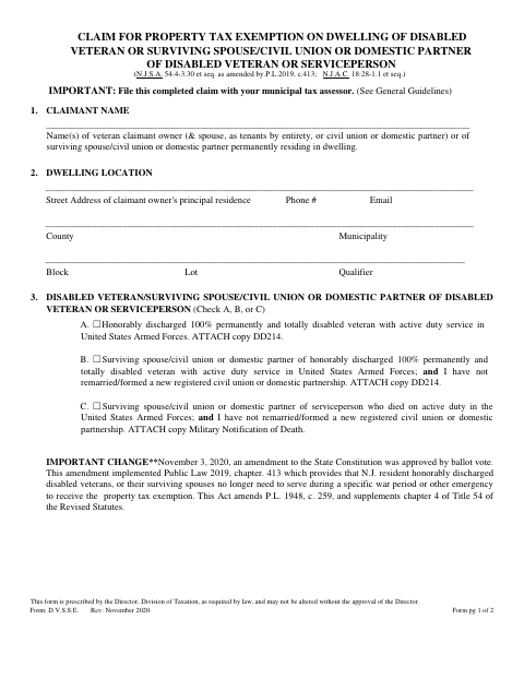 First page of the Claim for Property Tax Exemption on Dwelling of Disabled Veteran or Surviving Spouse