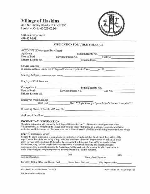 First page of the Utility Service Application