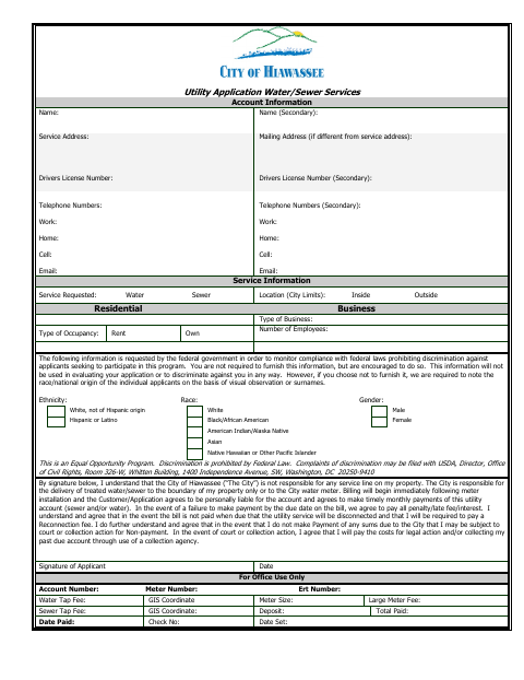 First page of the Utility Application (Water)