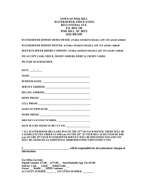 First page of the Water/Sewer Application