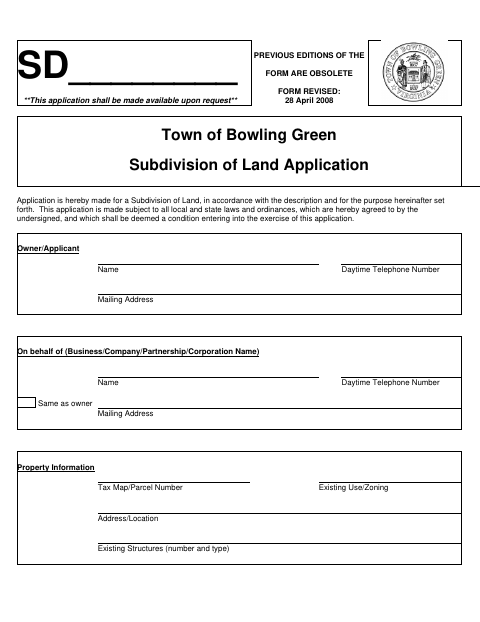 First page of the Subdivision of Land Application