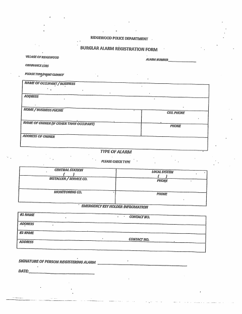 First page of the Burglar Alarm Registration