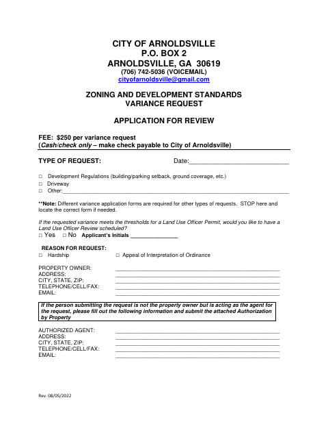 First page of the Zoning and Development Standards Variance Request Application