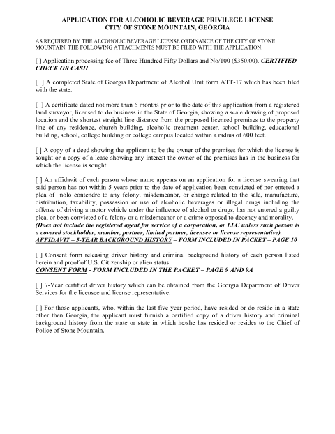 First page of the Application for Alcoholic Beverage Privilege License