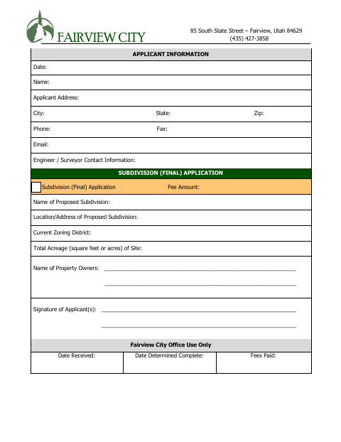 First page of the Final Subdivision Application