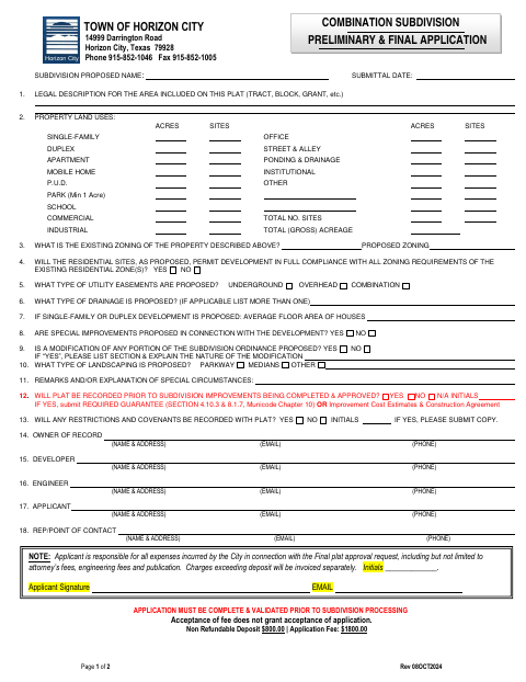 First page of the Combination Subdivision Plat Application