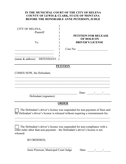 First page of the Petition for Release of Hold on Driver’s License