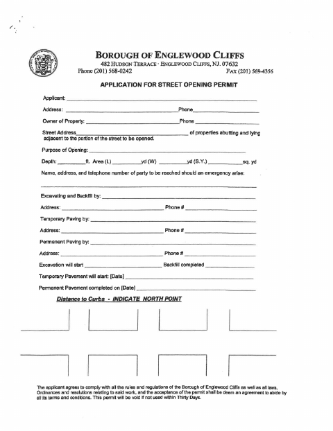 First page of the Street Opening Permit Application