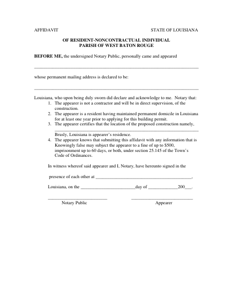First page of the Resident Noncontractor Affidavit