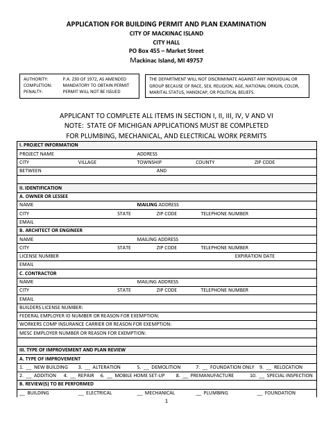 First page of the Application for Building Permit and Plan Examination