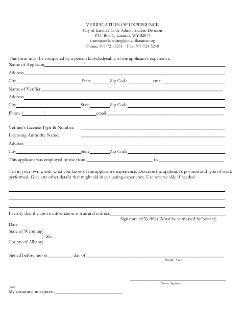 First page of the Verification of Experience