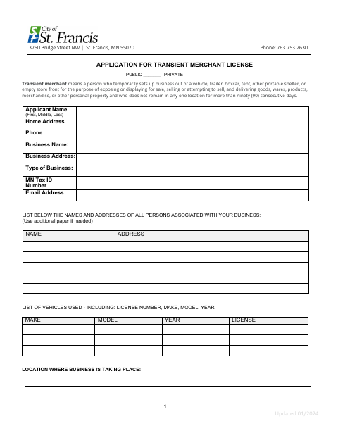 First page of the Transient Merchant License Application