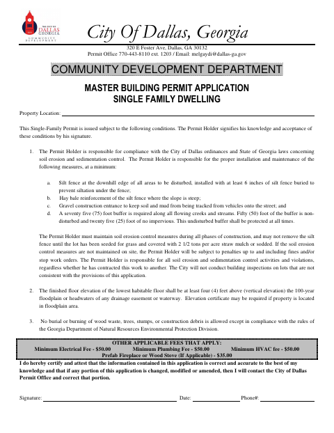 First page of the Master Building Permit Application Single Family Dwelling