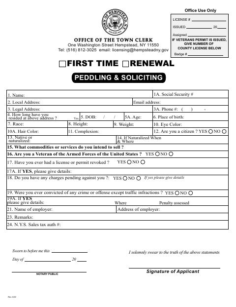 First page of the Peddling and Soliciting Form