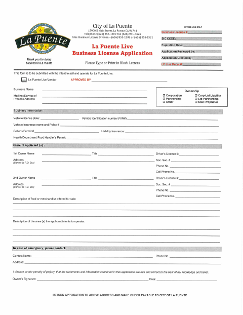 First page of the La Puente Live Business License Application