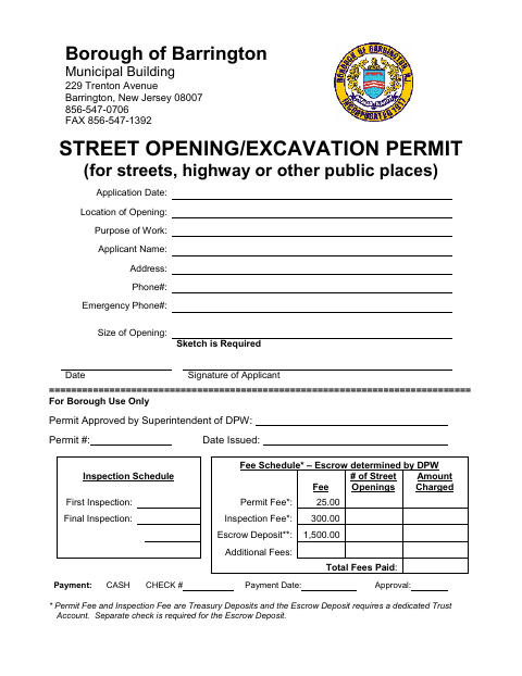 First page of the Street Opening/Excavation Permit