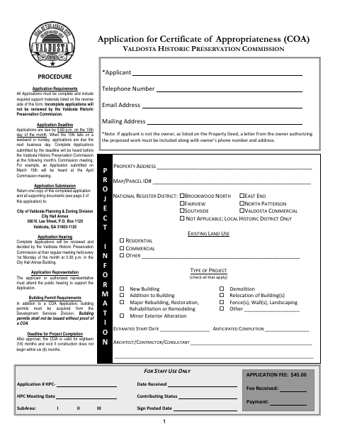 First page of the Certificate of Appropriateness Application