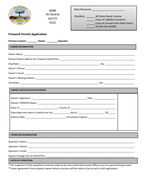 First page of the Firework Sales Permit Application