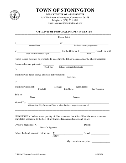 First page of the Affidavit of Personal Property Status