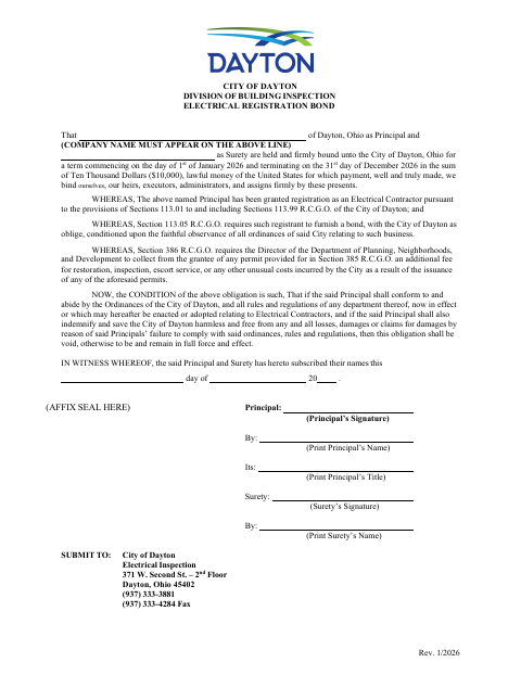 First page of the Electrical Registration Bond