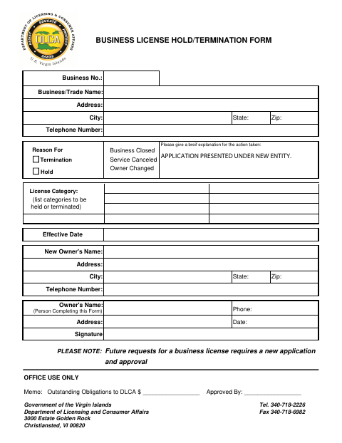 First page of the Business License Hold/Termination Form