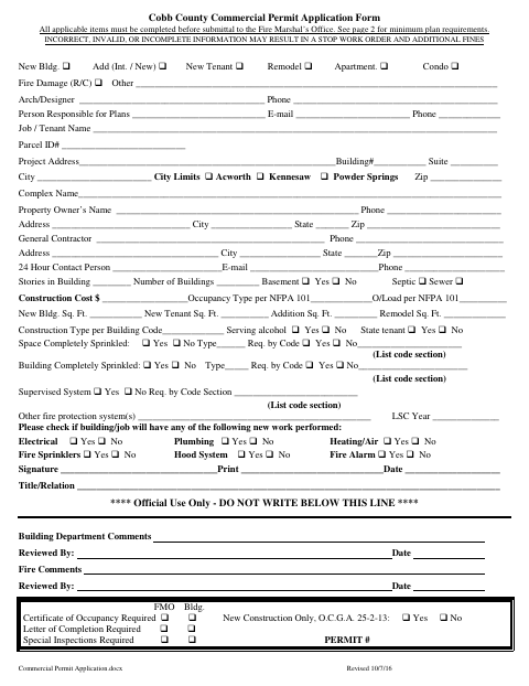 First page of the Commercial Permit Application
